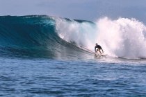 Чоловік з дошкою для серфінгу на морській хвилі проти чистого неба Чоловік з дошкою для серфінгу на морській хвилі проти чистого неба — стокове фото
