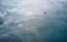 Alto ángulo del recipiente blanco distante flotando en el agua reflectante del lago pacífico en el día nublado - foto de stock