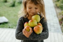 La linda chica sosteniendo una gran cosecha de hermosas manzanas frescas. - foto de stock
