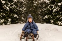 Toddler boy sitting on a sledge sliding from a snow field in for — Stock Photo