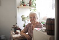 Portrait of elderly lady in her kitchen — Stock Photo