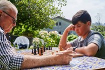 Grandfather and grandson playing chess in the garden — Stock Photo