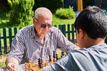 Grand-père et petit-fils jouant aux échecs dans le jardin — Photo de stock