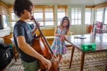 Счастливая молодая женщина играет дома на скрипке — стоковое фото
