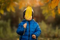 Portrait of a small boy in garden in blue jacket covering face w — Stock Photo