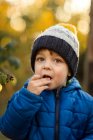 Vue latérale du petit garçon mangeant des framboises jaunes dans le jardin — Photo de stock