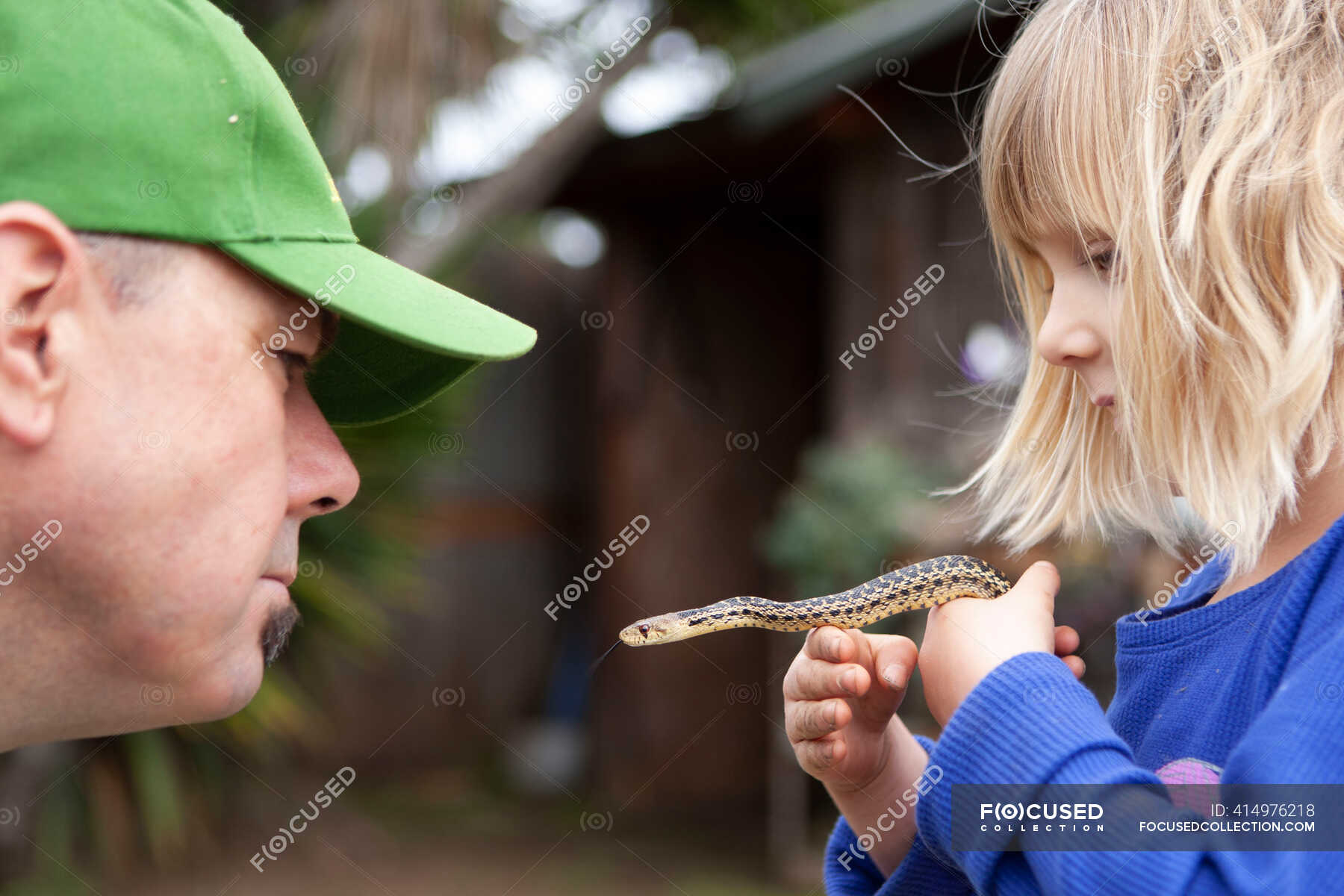 Father and daughter holding a gopher snake in the garden — home, insect ...