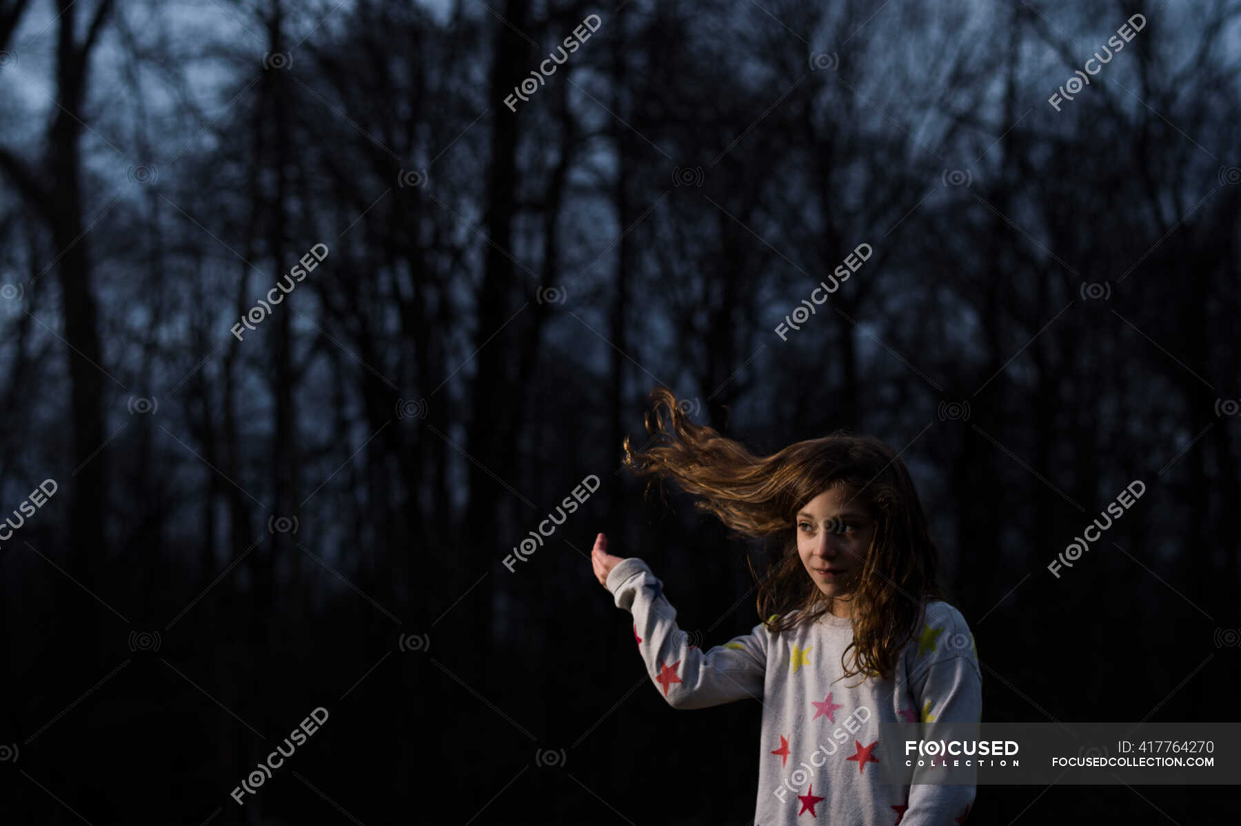 Girl flipping blonde hair at twilight — golden, tree - Stock Photo ...