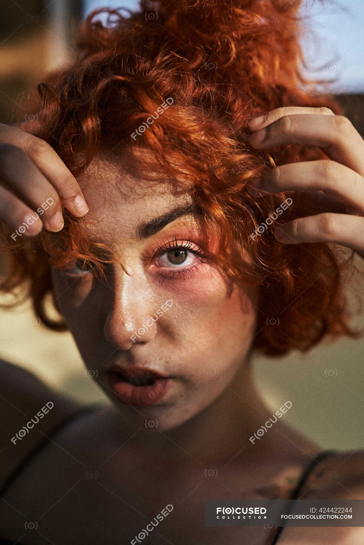 Young alternative redhead girl close up with green eyes — dyed hair, light  - Stock Photo | #424422244