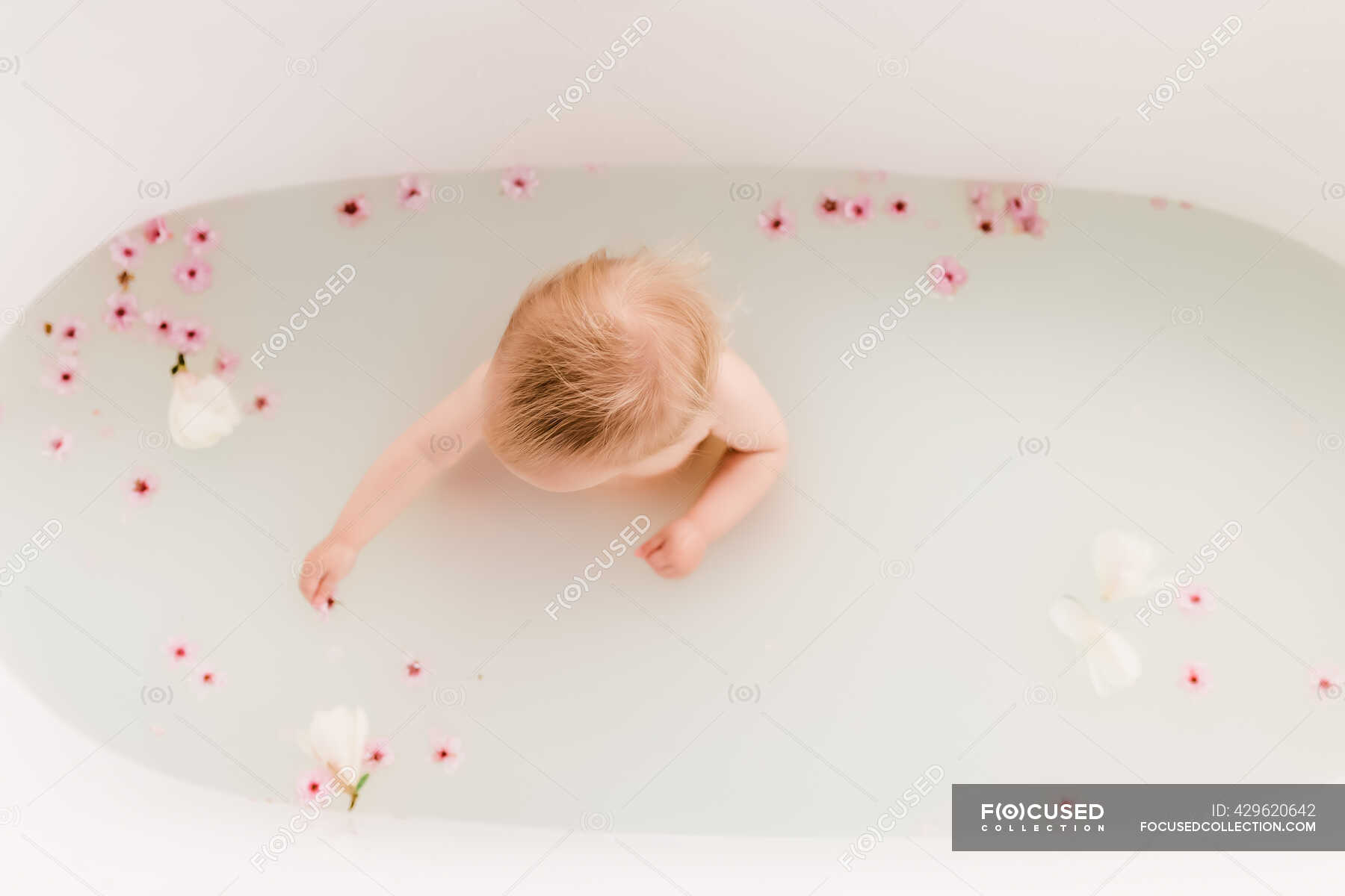Baby in a flower bath with cherry blossoms — milk, caucasian Stock