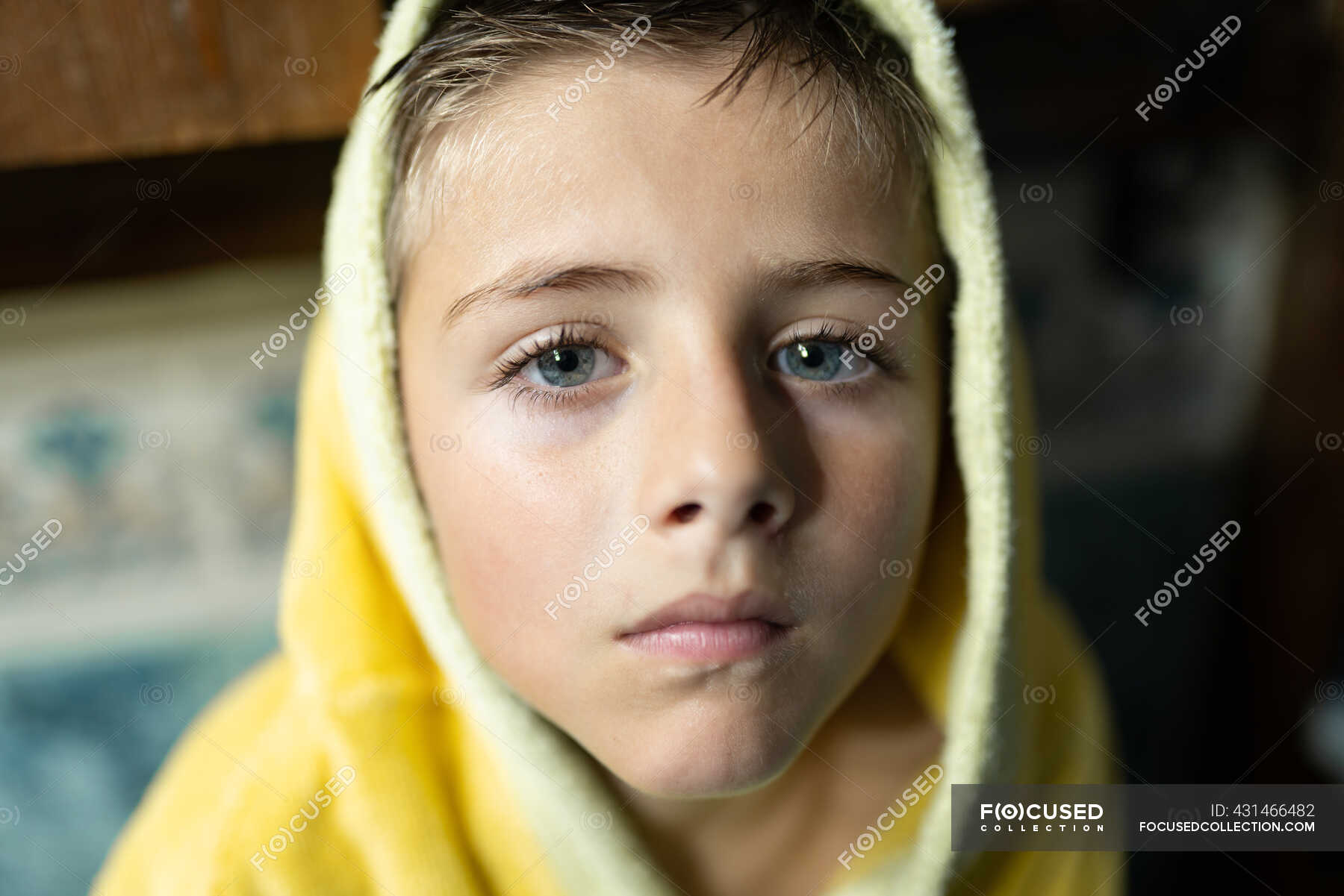 Little blueeyed boy smiling outside the bathroom — blue eyes, eyes