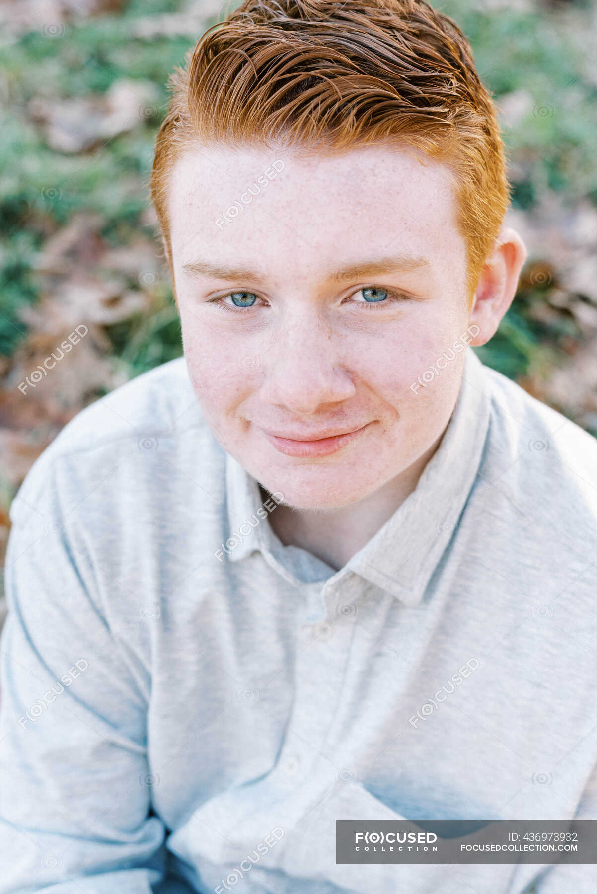 Portrait Of Young Ginger Boy With Blue Eyes And Freckles Smiling   Focused 436973932 Stock Photo Portrait Young Ginger Boy Blue 