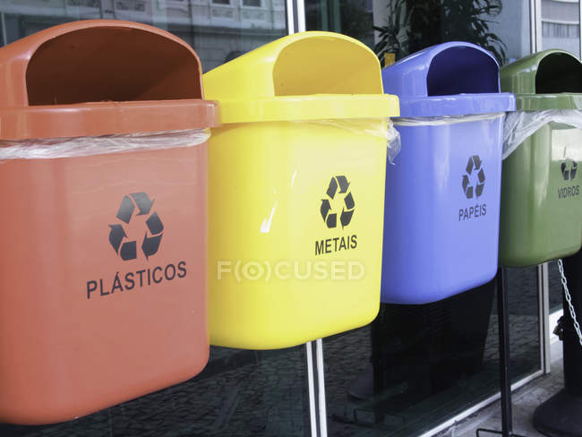 Close up view of colorful recycling bins, Rio De Janeiro, Brazil — Stock Photo