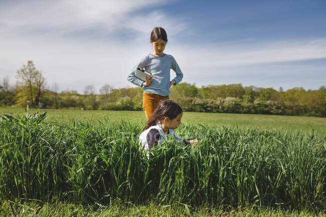 Две молодые девушки играют вместе в высокой траве в прекрасный весенний день — стоковое фото