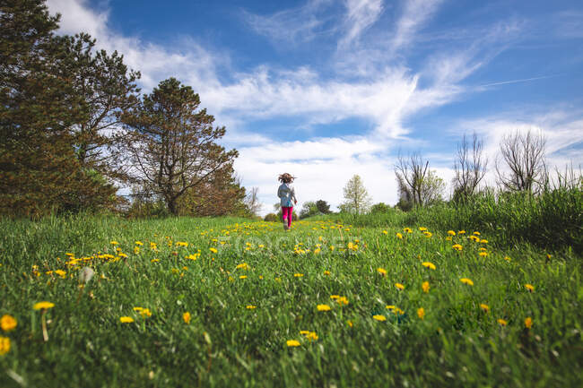 Vista à distância de uma criança em roupas brilhantes correndo em campo florido — Fotografia de Stock