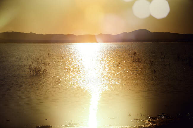 Salida del sol en el lago del desierto de Merzouga - foto de stock