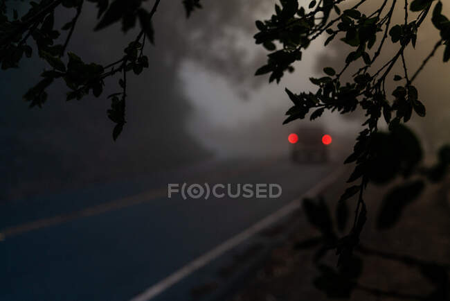 Fahrzeug fährt in der Dämmerung auf nebliger Straße davon — Stockfoto