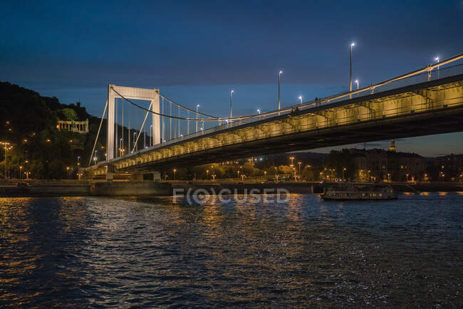 Elisabeth bridge illuminated at night with cruise boat and blue sky — Stock Photo