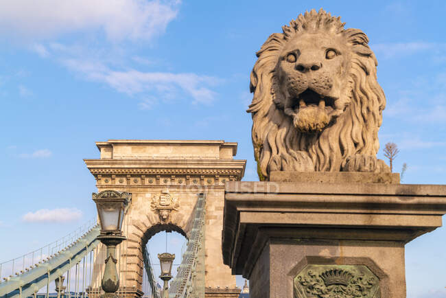 The chain bridge with the stone Lion on its entrance with blue sky — Stock Photo