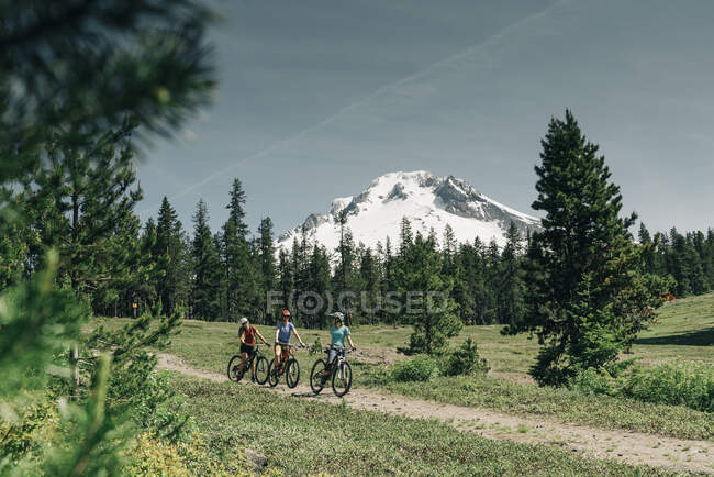 Three female friends mountain bike on a trail at Mt. Hood, Oregon. — Stock Photo