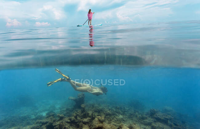 Young women have fun in the ocean, underwater view — Stock Photo