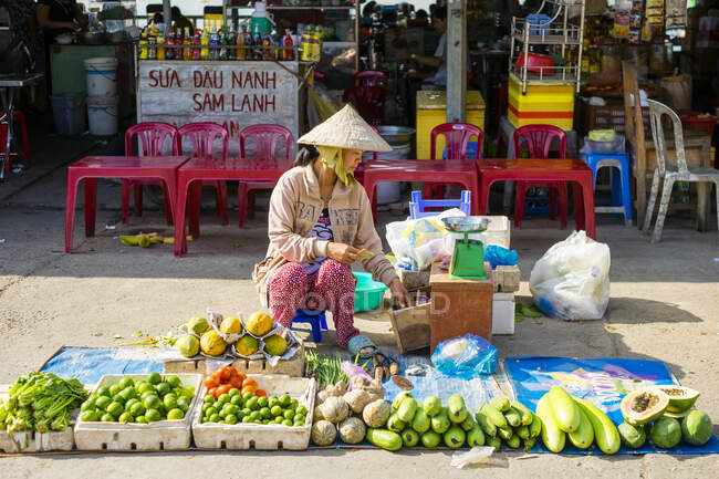 Donna vietnamita che vende verdure al mercato An Binh, Can Tho, Delta del Mekong, Vietnam — Foto stock