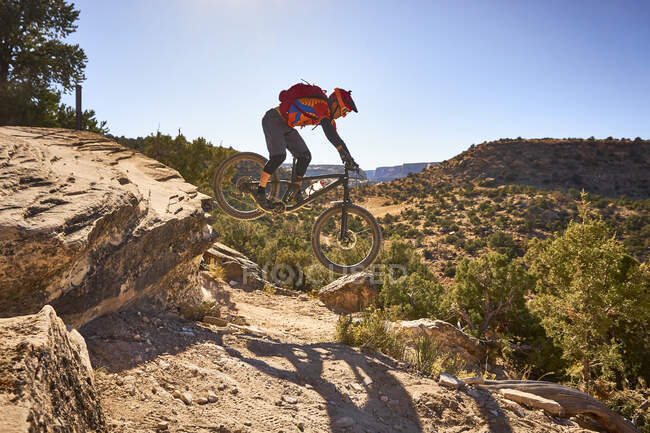 Um ciclista de montanha salta uma pequena gota na trilha no Colorado. — Fotografia de Stock