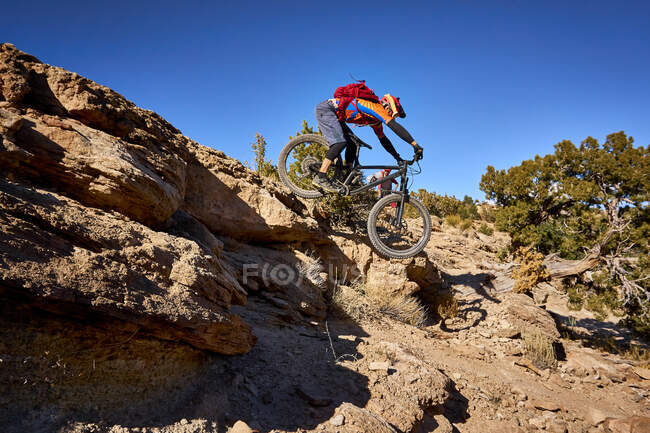 Ein Mountainbiker springt auf dem Trail eine kleine Klippe hinunter. — Stockfoto