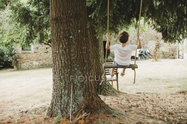Вид сзади на мальчика на качелях под деревьями — стоковое фото