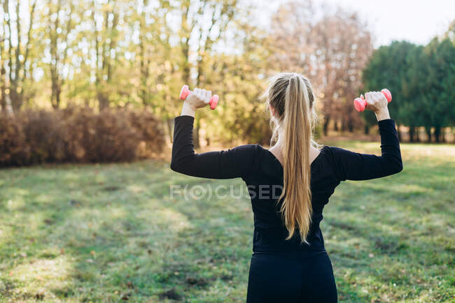 Фитнес в парке, девушка держит гантели, вид сзади. — стоковое фото