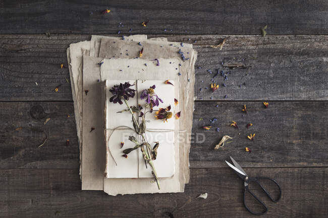 Camadas de papel e livro com flores secas dispersas, pétalas e tesoura — Fotografia de Stock