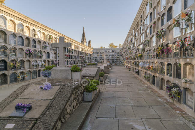 Passaggio con croci nello storico cimitero Poblenou di Barcellona — Foto stock
