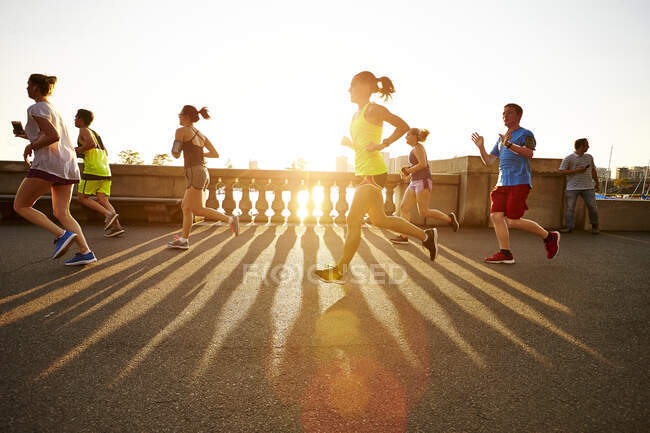 A group of runs at sunset along the Charles River in Boston. — Stock Photo