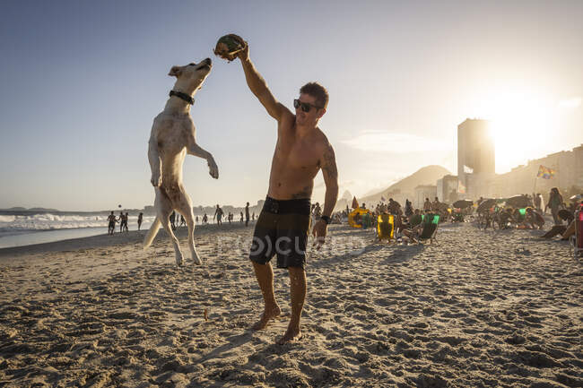 Мужчина играет с собакой на пляже Копакабана — стоковое фото