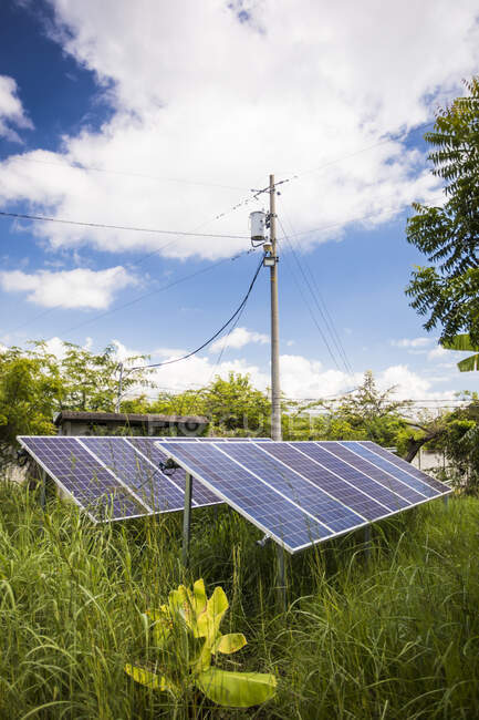 Painéis solares alimentam energia para a rede elétrica. — Fotografia de Stock