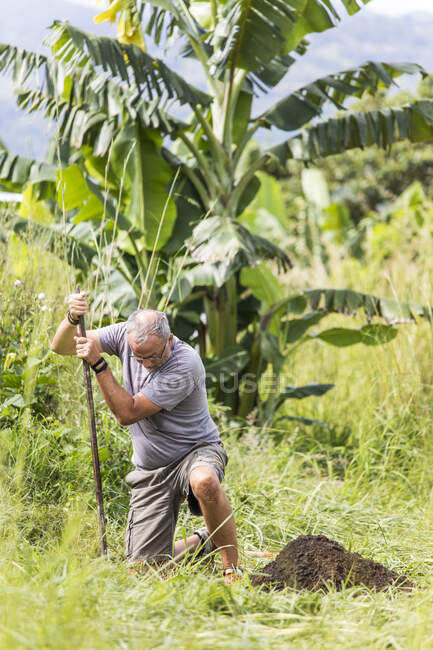 Elderly man digging a hole outdoors — Stock Photo