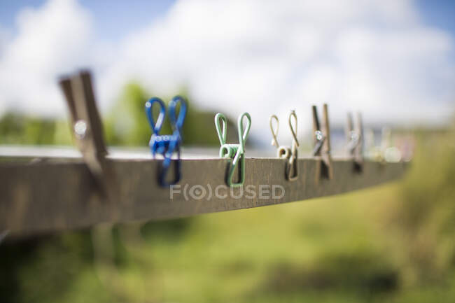 Clothes pegs on a clothing line — Stock Photo
