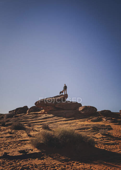Человек с собакой стоит рядом с Подковой изгибом, Аризона — стоковое фото