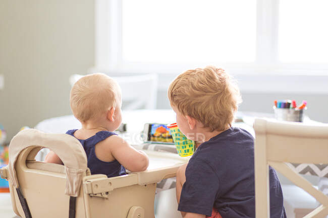 Vista posteriore di una bambina e il suo giovane fratello guardando il telefono — Foto stock