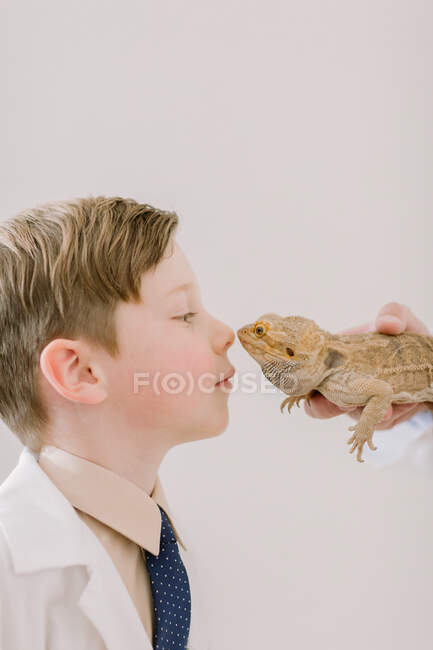 Niño nariz a nariz con dragón barbudo - foto de stock