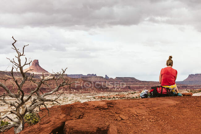 Una joven de rojo sentada en el desierto - foto de stock
