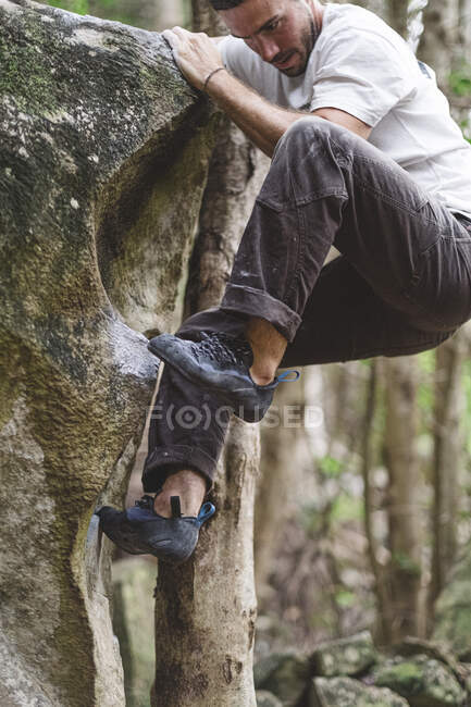 Full body of a male rock climber climbing a rock in a forest — Stock Photo