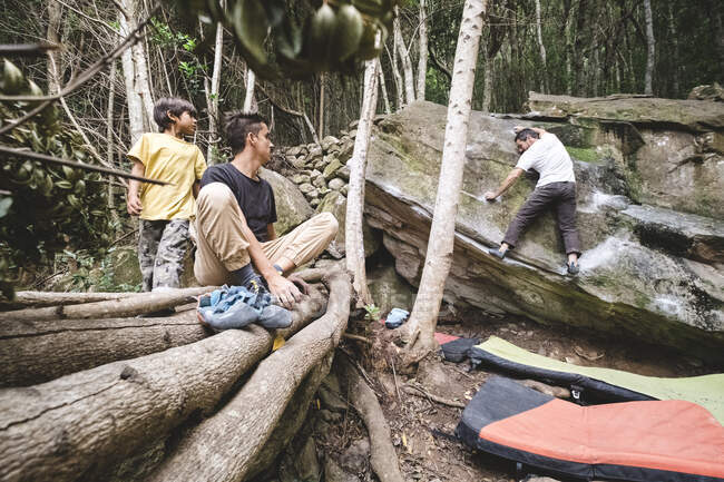 Pulled back view of bouldering spot in a forest — Stock Photo