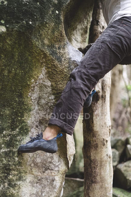 Unterer Teil eines männlichen Kletterers, der an einem Felsen im Wald klettert — Stockfoto