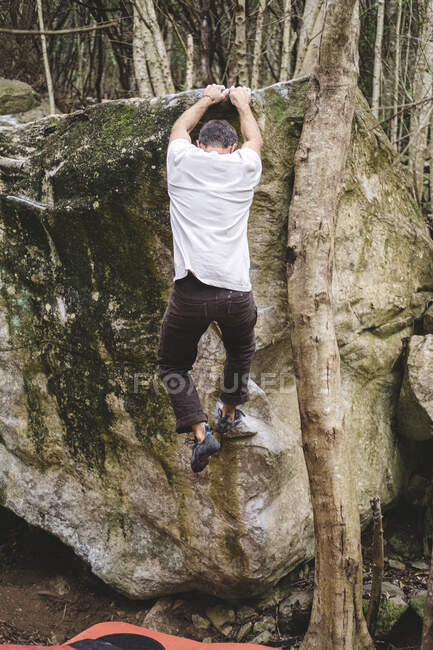 Corpo completo di un arrampicatore maschile che arrampica su una roccia in una foresta — Foto stock