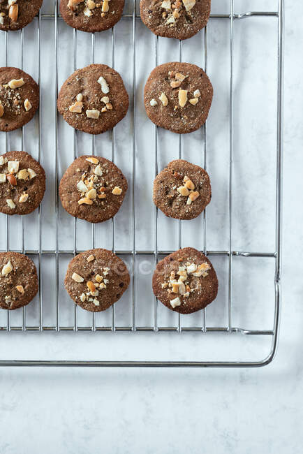 Délicieux biscuits maison aux pépites de chocolat sur plaque de cuisson — Photo de stock