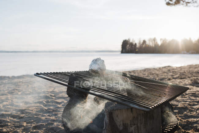 Barbecue by the lake in winter — Stock Photo