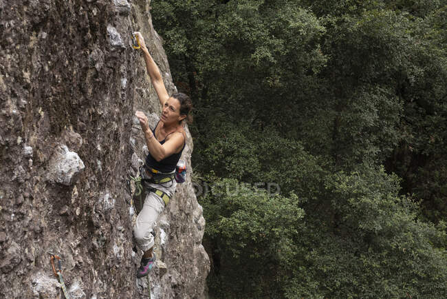 Jovem mulher escalando a rocha — Fotografia de Stock