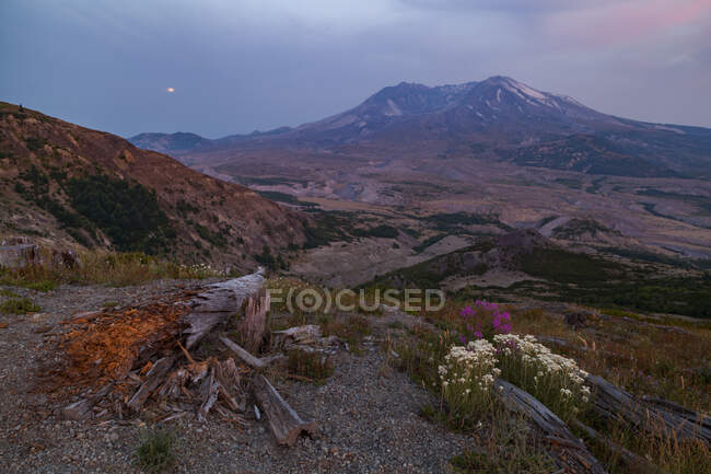 Le mont Saint Helens au crépuscule du belvédère, monument volcanique national du mont Saint Helens, Washington. — Photo de stock