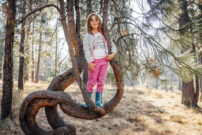 Chica sonriente en sudores y libros de goma de pie en la rama del árbol - foto de stock
